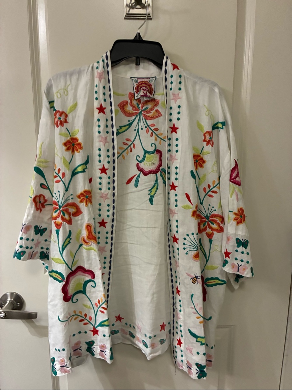 Johnny Was White Embroidered Floral Open-Front Kimono with Multicolor Stitching